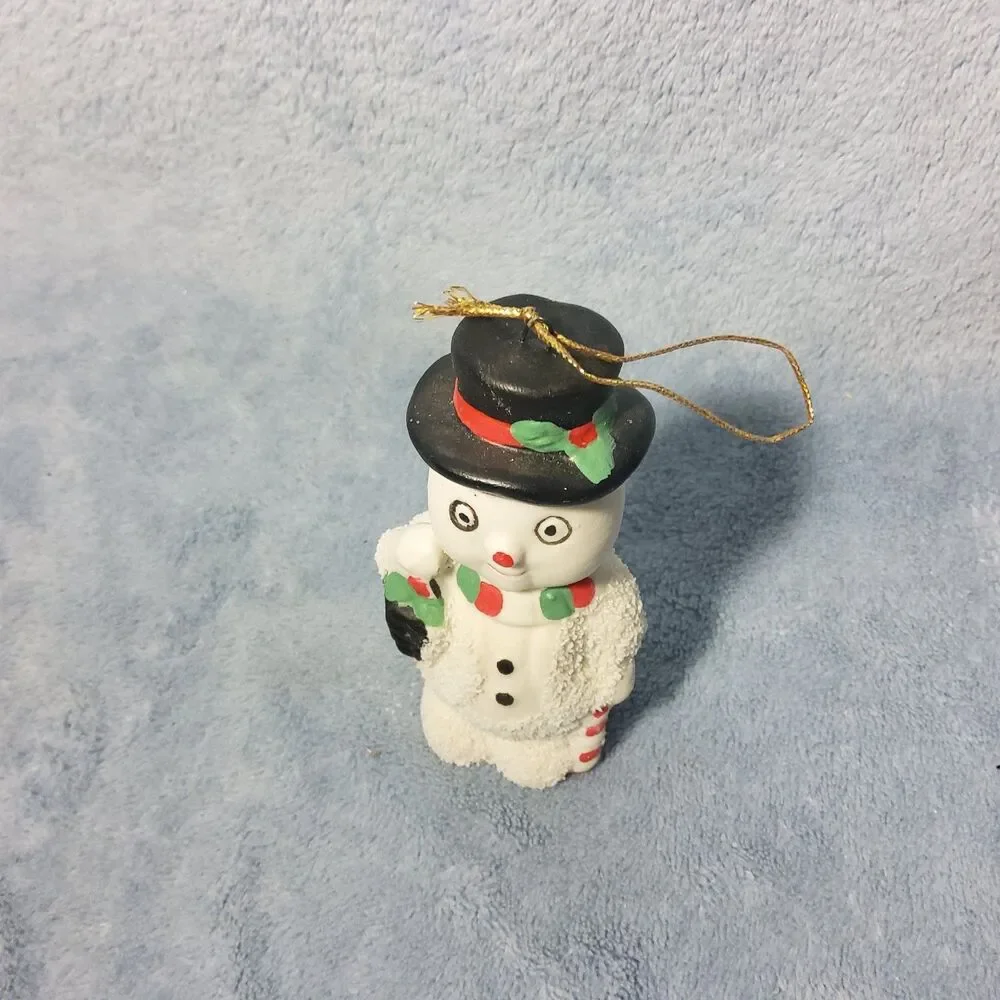 Vintage Textured Bisque Porcelain Snowman Christmas Ornament Top Hat Candy Cane